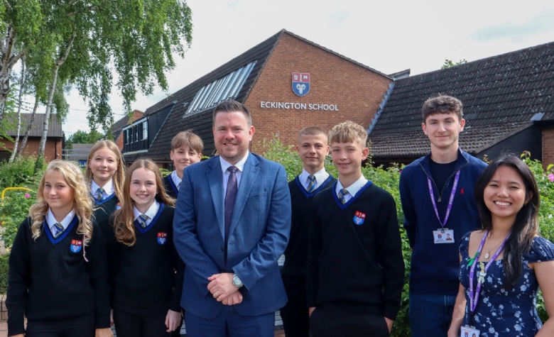 Headteacher Richard Cronin and students celebrating the latest Ofsted report